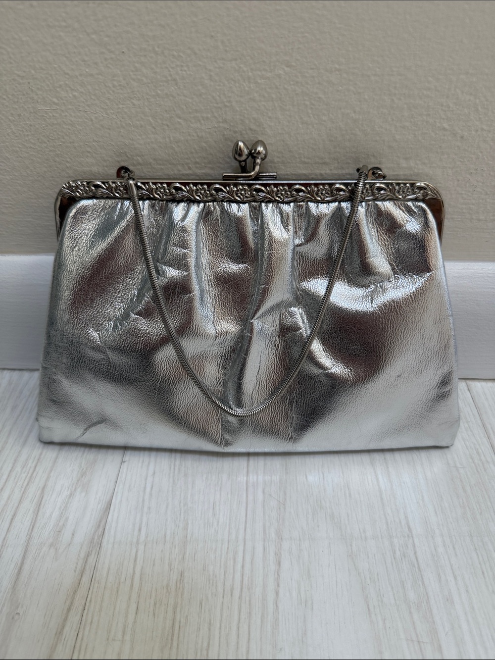 Vintage Silver Metallic Frame-Top Clutch or Evening Bag